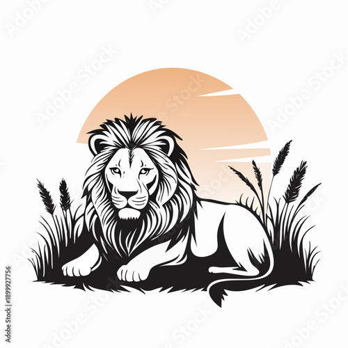 Two lions resting in golden grass during sunset in the African savanna creating a serene moment of tranquility