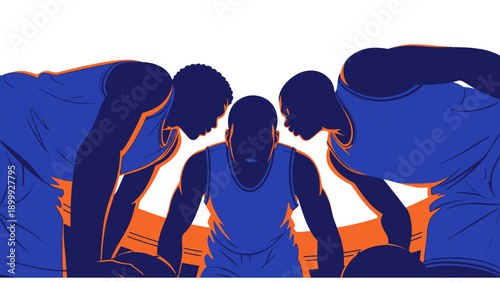 Intense Basketball Huddle: Three Male Players Strategizing for Victory in Bold Vector Illustration Style