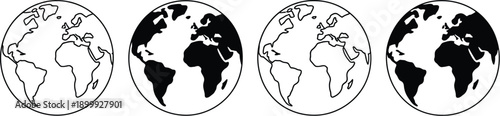 Four oval earth depictions showing landmasses and oceans in black and white, stylized globe vector illustration set