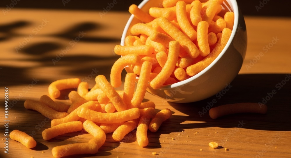 Obraz premium Bright Orange Cheese Puffs Scattered from Bowl, Crunchy Snack Food Delight, National Cheese Doodle Day Celebration, Appetizing Junk Food
