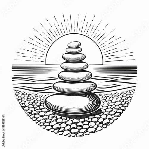 Balanced stones create a serene arrangement on a pebbled beach during sunset by the ocean