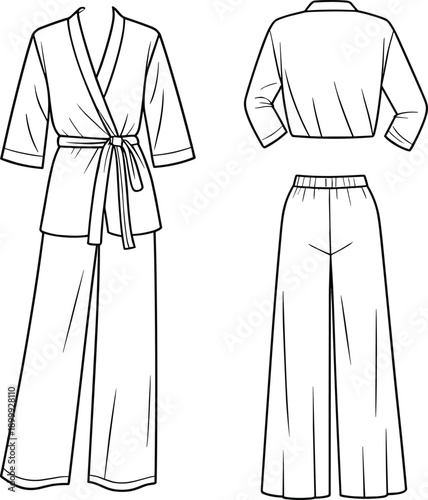 Wrap top, wide-leg pants, V-neck blouse, elastic waist trousers, fashion flat sketch, CAD garment illustration, technical outfit drawing, vector design