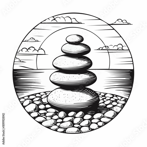 Balanced stones create a serene arrangement on a pebbled beach during sunset by the ocean