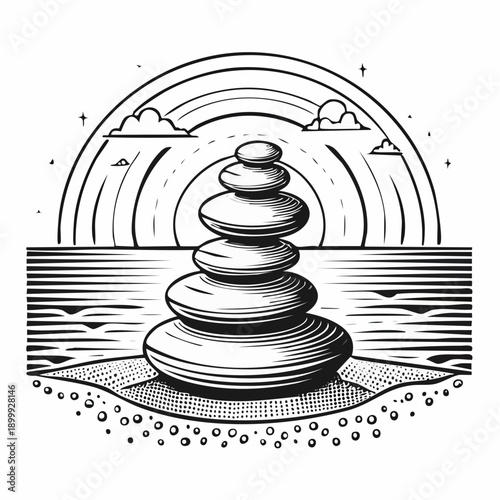 Balanced stones create a serene arrangement on a pebbled beach during sunset by the ocean