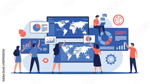 Dynamic team of analysts and professionals working together to manage global information across multiple screens with world maps and charts.