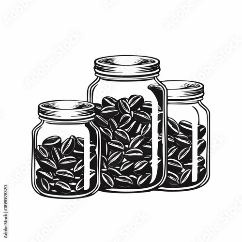 Different varieties of coffee beans displayed in clear glass jars arranged on a white background