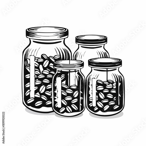 Different varieties of coffee beans displayed in clear glass jars arranged on a white background
