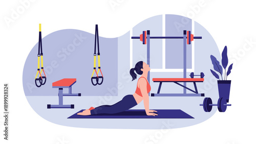 Athletic woman performing a cobra yoga pose on a mat in a modern gym equipped with weightlifting and fitness training equipment.