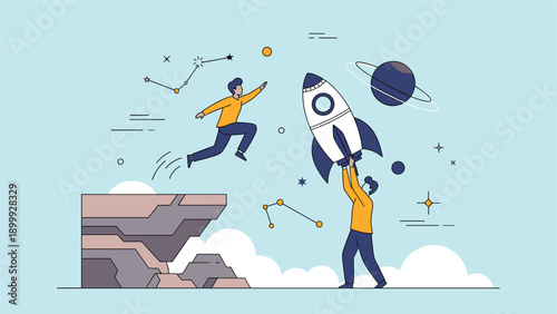 Two ambitious people launching a rocket ship into a starry night sky filled with bright planets and constellations from a rocky cliff.