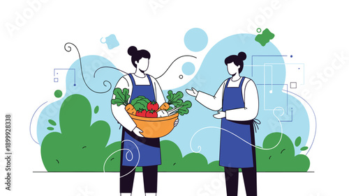 Two female farmers wearing blue aprons talking and holding a large wooden basket filled with fresh organic vegetables from the harvest.