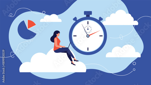 Woman working on a laptop while sitting on a cloud with a giant stopwatch and pie chart in the background to represent time management.