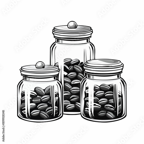 Different varieties of coffee beans displayed in clear glass jars arranged on a white background