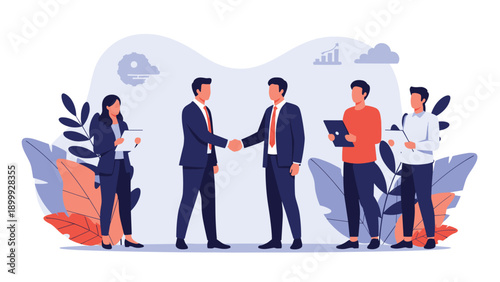 Group of corporate professionals in suits witnessing a successful handshake between two men to celebrate a new business partnership.