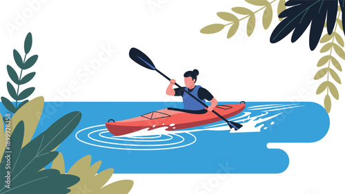 Active person in a red kayak paddling through calm blue waters framed by vibrant tropical green leaves during a summer outdoor adventure.