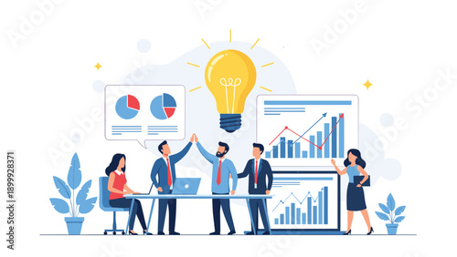 Successful business team celebrating their achievements under a giant glowing light bulb surrounded by various financial data charts.