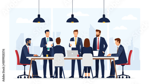 Group of professional people in formal suits having an important business meeting around a long table in a bright modern office space.