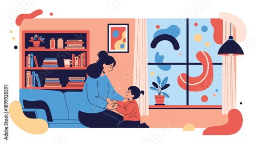 Loving mother and young daughter interacting together in a cozy living room featuring a large bookshelf and abstract window shapes.