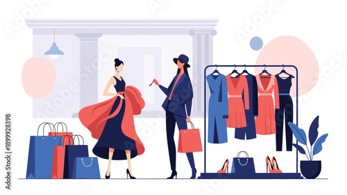 Two fashionable women enjoying a shopping trip in a high end boutique with many colorful dresses on a rack and shopping bags on the floor.