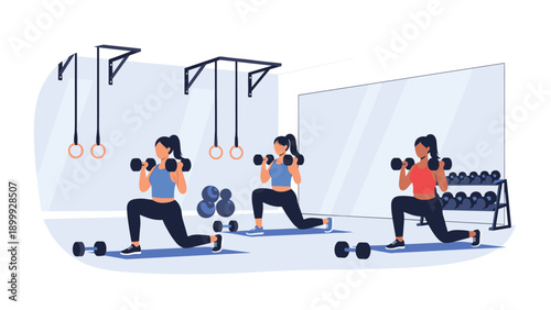 Three fit women performing weighted lunges with dumbbells in a modern gym during a group fitness class focused on strength training.