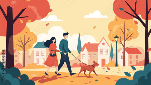 Happy couple enjoying a peaceful walk with their dog through a beautiful park during the colorful autumn season with falling leaves.