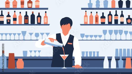 Professional bartender skillfully pouring a colorful cocktail into a glass at a well-stocked bar with various bottles on shelves.