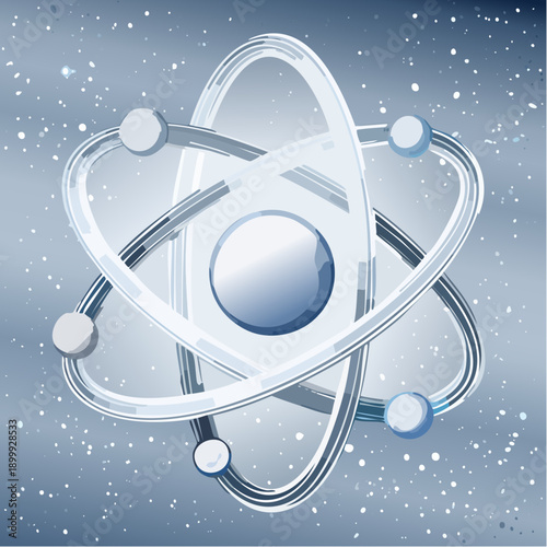 Abstract glowing atom model with orbiting electrons on a blue nebulous cosmic background. Scientific concept of nucleus, energy, technology, and physics research.