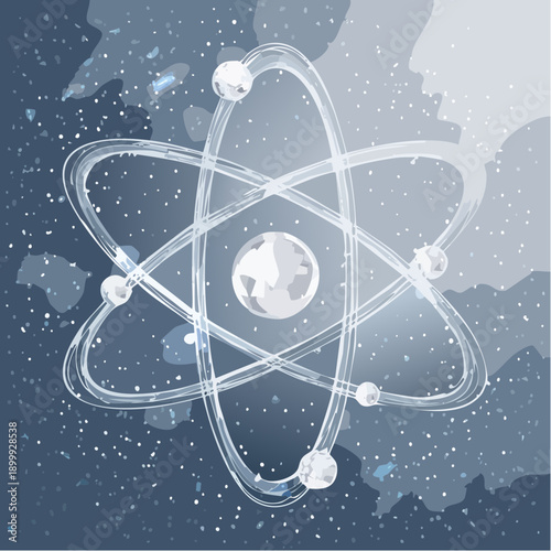 Abstract glowing atom model with orbiting electrons on a blue nebulous cosmic background. Scientific concept of nucleus, energy, technology, and physics research.