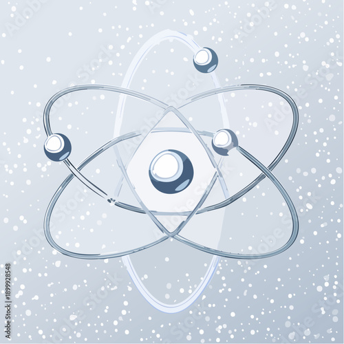 Abstract glowing atom model with orbiting electrons on a blue nebulous cosmic background. Scientific concept of nucleus, energy, technology, and physics research.