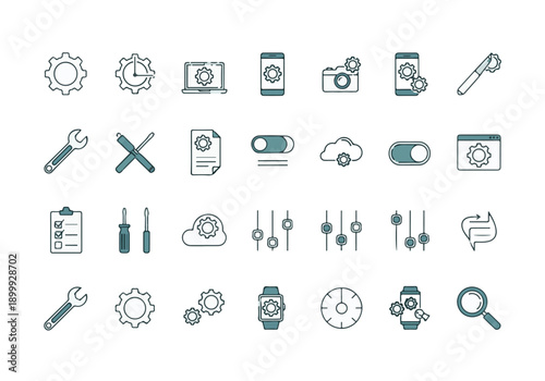 Vector set of settings, tools, and technology maintenance line icons