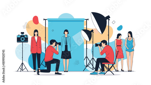 Professional photographers take pictures of beautiful models in a bright studio with high quality lighting equipment.