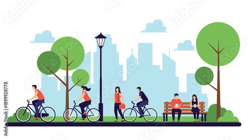 Diverse people enjoying outdoor activities like cycling, walking, and relaxing on benches in a lush green city park.