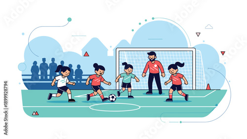 Young children play soccer on a green field with their coach near the goal during a fun outdoor sports practice.