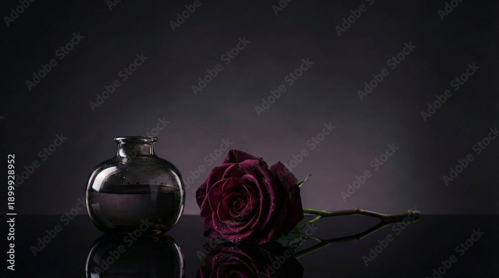 Obraz premium Generative AI still life photograph of a single dark burgundy rose in a vase against a moody dark background for sophisticated Valentine's Day concept with copy space
