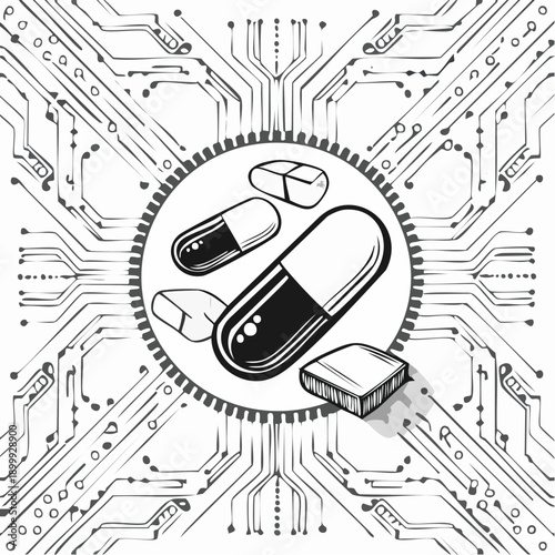 Pharmaceutical capsules and round tablets scattered across a digital circuit board, concept for healthcare technology and medicine innovation