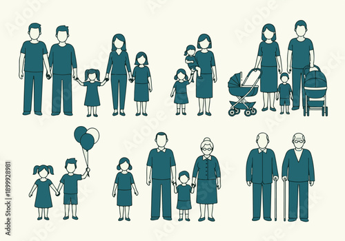 Diverse family structures and generations depicted in simple line art icons