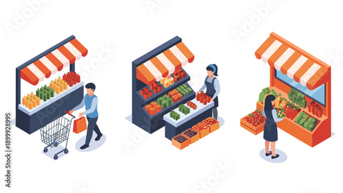People shopping at outdoor market stalls with fresh produce in isometric style