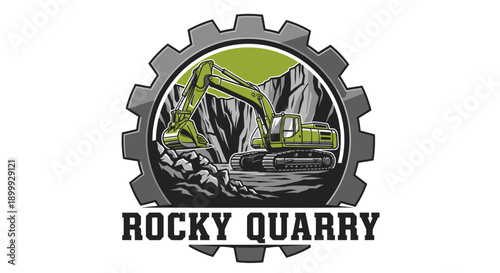 Excavator Working in Rocky Quarry with Gear Emblem.