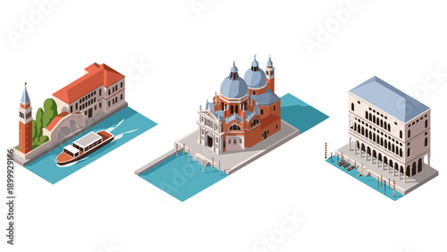 Isometric venice landmark collection with rialto bridge and st mark's basilica
