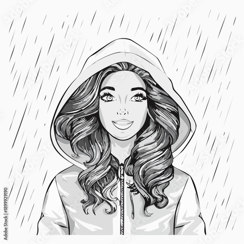 Young woman with long wavy brown hair looking up in wonder during a rain shower wearing a bright red waterproof hooded raincoat
