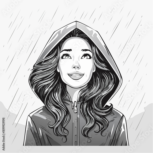 Young woman with long wavy brown hair looking up in wonder during a rain shower wearing a bright red waterproof hooded raincoat