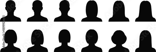 Anonymous user avatar silhouettes set with male and female profile icons, minimal black head shapes isolated on white background