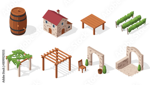 Isometric vineyard elements: rustic house, barrel, furniture, arches, trellis, and vines