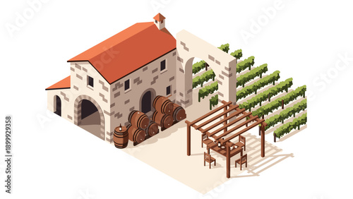 Isometric vineyard winery with rustic building and barrel storage