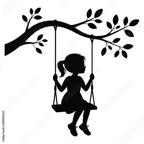 Black silhouette of young girl with ponytail sitting happily on a wooden swing hanging from leafy tree branch isolated on transparent background