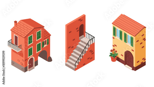 Charming isometric mediterranean architecture with vibrant colors and detailed design