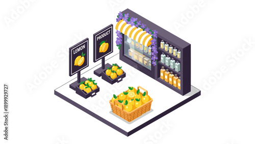 Isometric farmers market stall with fresh lemons and lemonade products