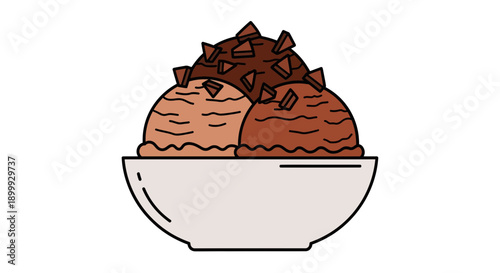 A delightful illustration showcasing three scoops of rich chocolate ice cream topped with tempting