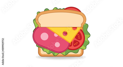 A delightful and colorful cartoon illustration of a fresh, classic deli sandwich with various