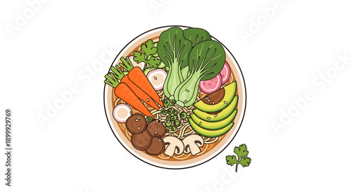 Appetizing Flat Lay Illustration of a Healthy Vegan Ramen Bowl with Fresh Vegetables and Noodles