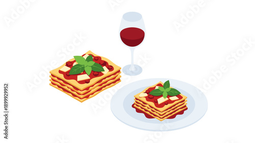 Delicious isometric lasagna and wine set on plate with fresh basil on white background